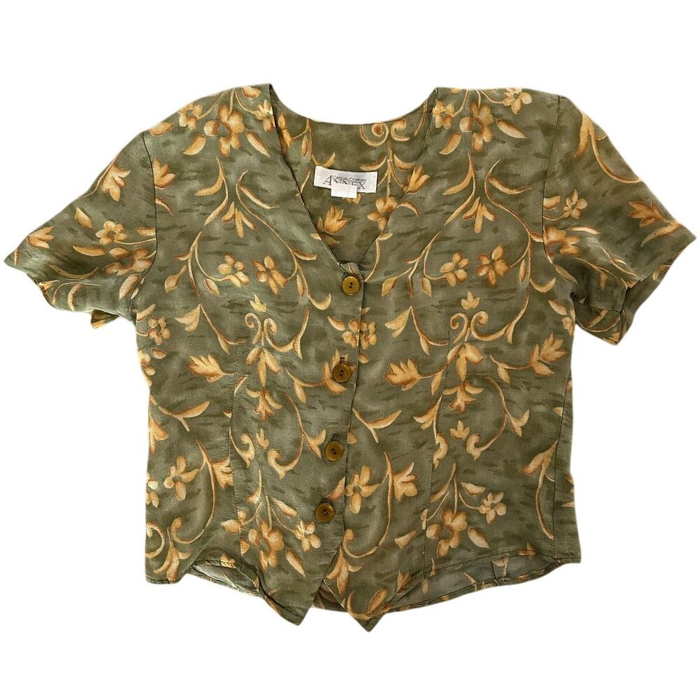 Vintage Casual Corner Annex Olive Floral Button-Up Blouse – Size Small